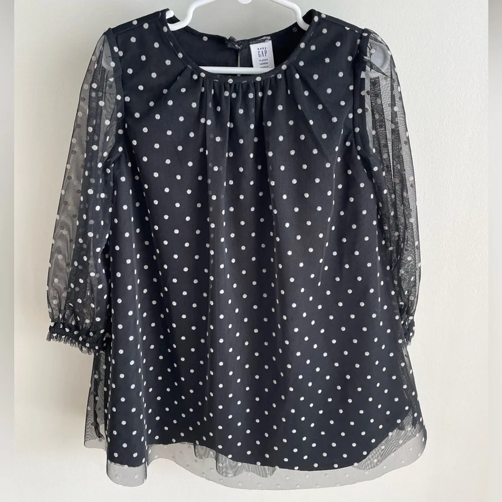Baby Gap Toddler Girl Flocked Tulle Dress - Black Polka Dot - Size 4 Years - NWT